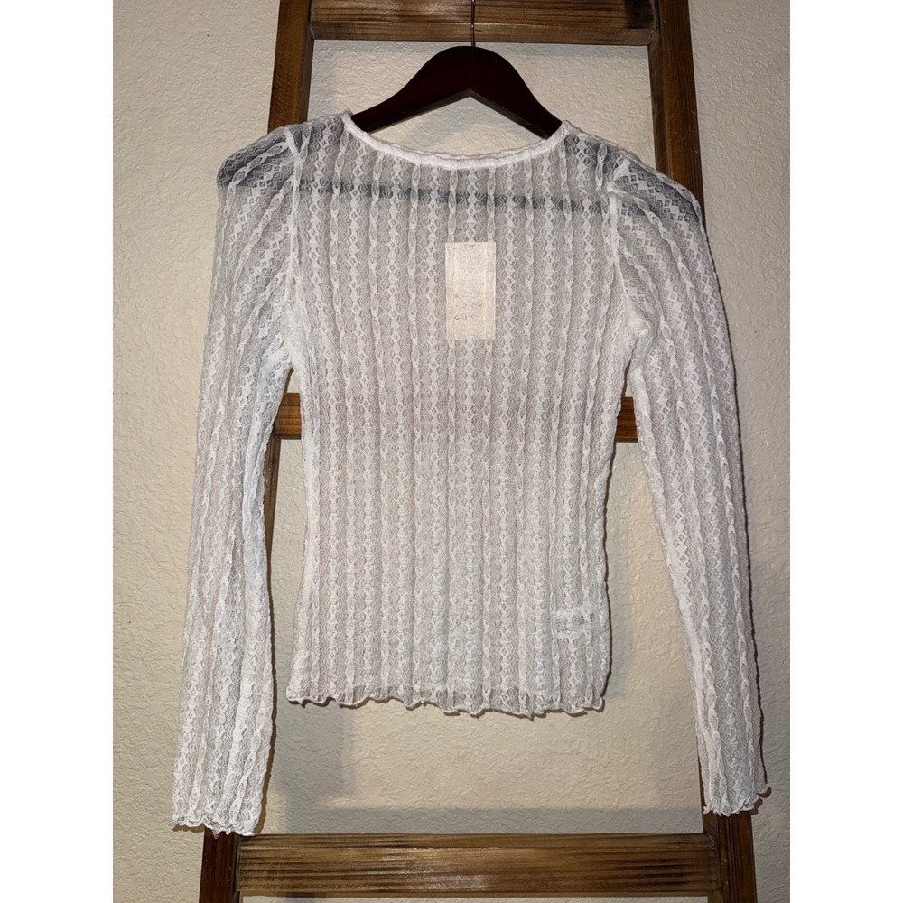 A New Day White Lace Long Sleeve Top Crew Neck Lettuce Edge XS NWT